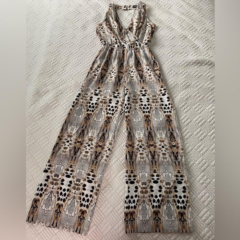 bebe Multicolor Animal Print Jumpsuit with Elastic Waistband